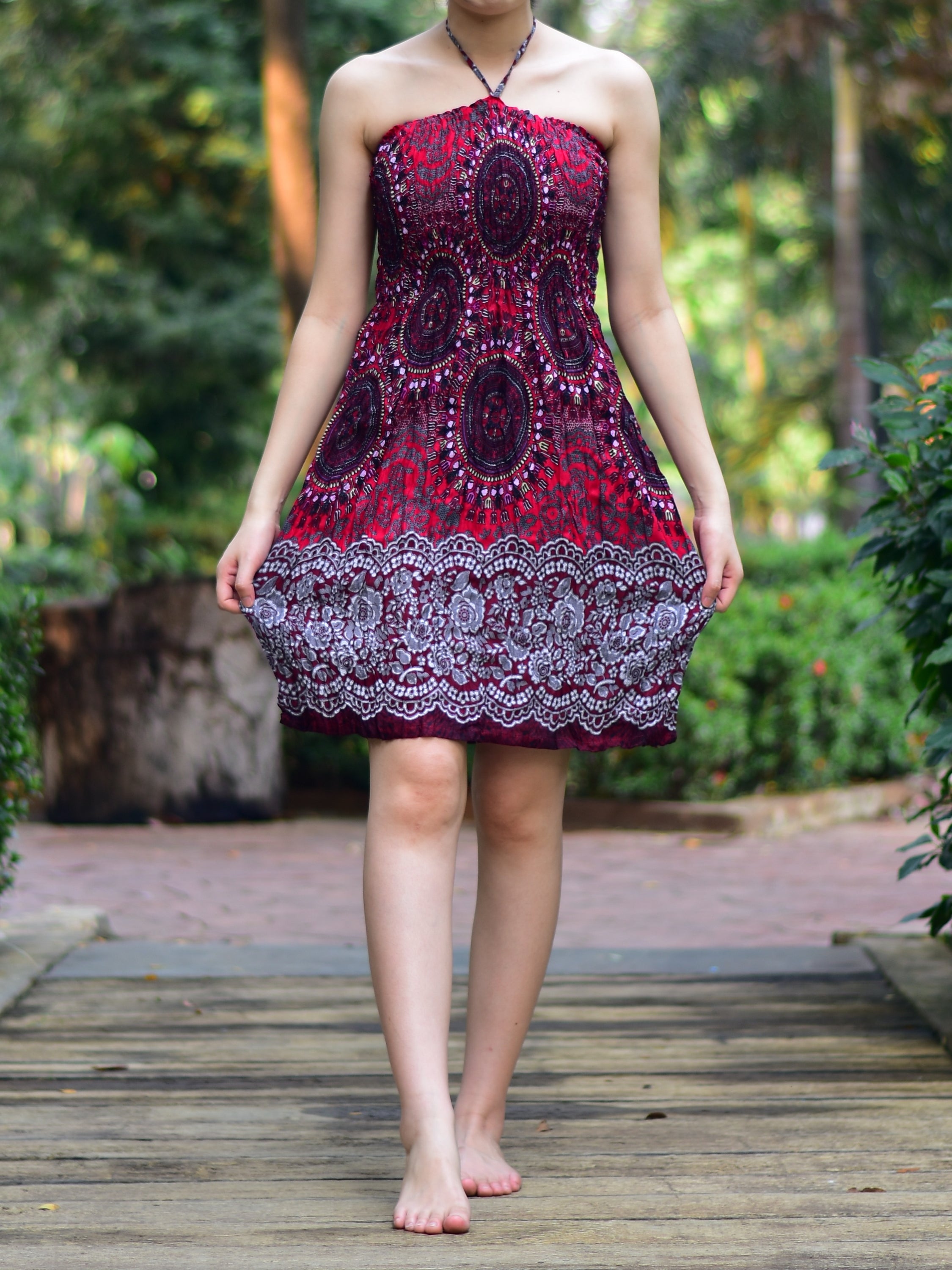 Bohotusk Red Sun Glow Print Short Mini Dress with Tie Neck, showcasing a vibrant print and stylish design.